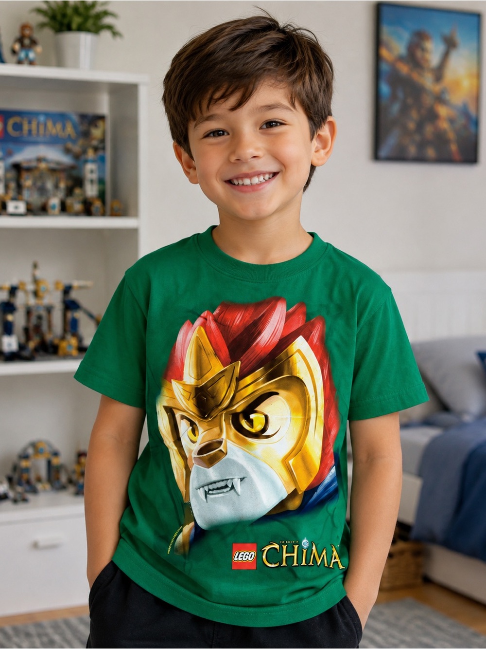 Lego Green Tee with Red, Gold and White Lion Graphic
